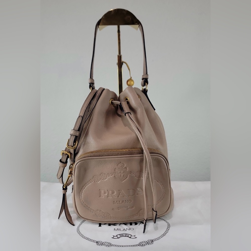 PRADA Duet beige Calfskin Embossed Bucket Bag